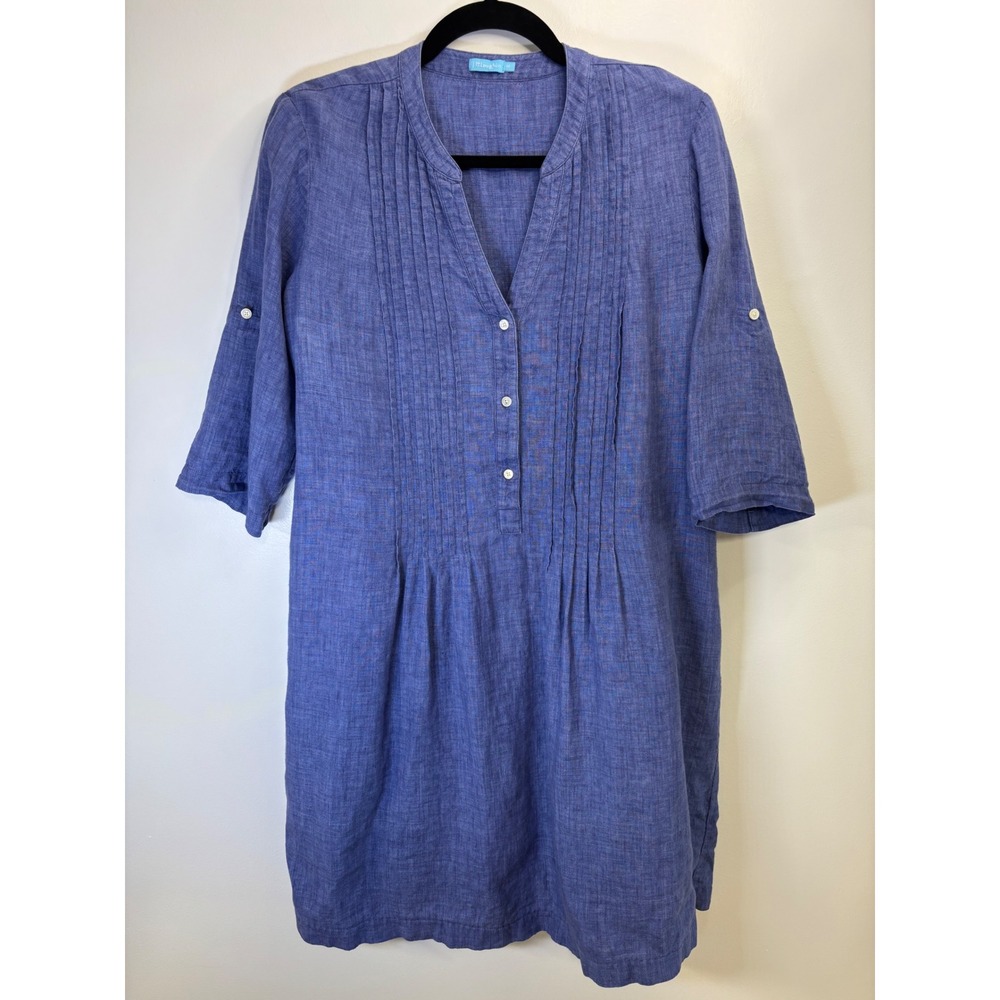 J McLaughlin Blue 100% Linen Pintuck Tunic Dress 3/4 Roll Tab Sleeve Womens